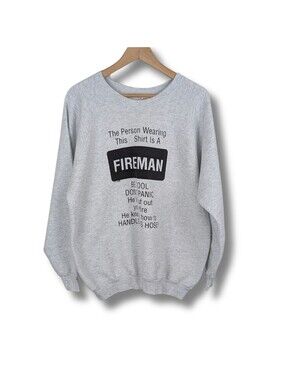 Vintage 90s Fireman Graphic Sweatshirt Sz L Fruit of the Loom Made in USA Funny